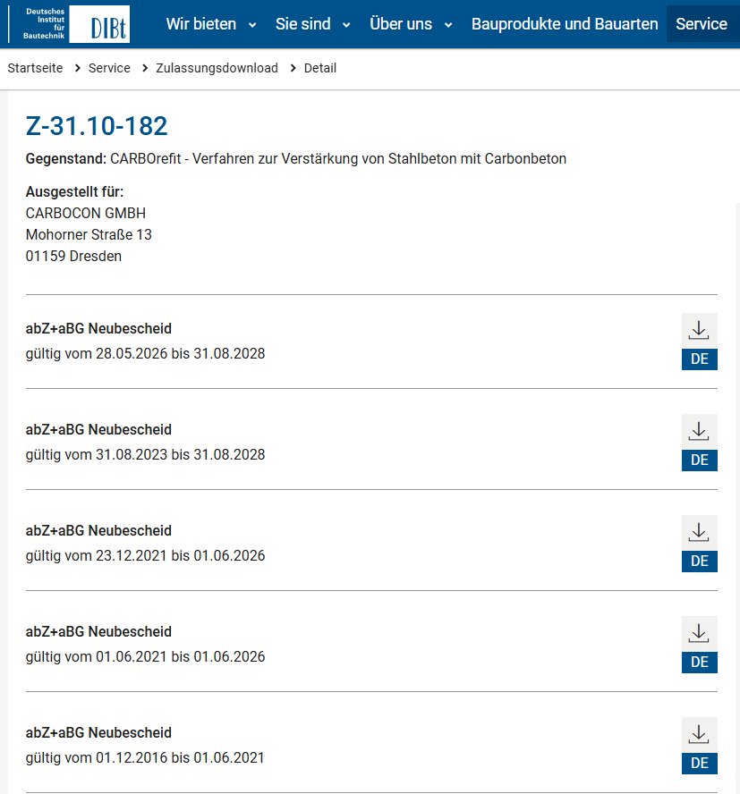 Zulassungsänderungen CARBOrefit auf Website des DIBt